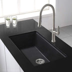 Black kitchen sink with a silver faucet in a modern kitchen setting.